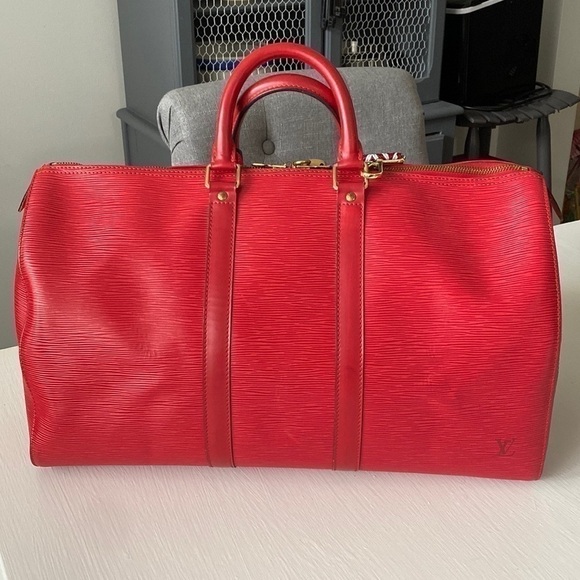 Louis Vuitton Red Epi Leather 45 Boston Bag Keepall Duffel Red Strap LV Dustbag - Picture 5 of 17